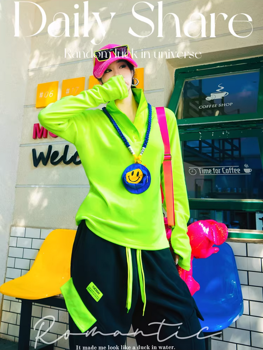 Neon Color PU Collar Fleece Polo Top　X3515