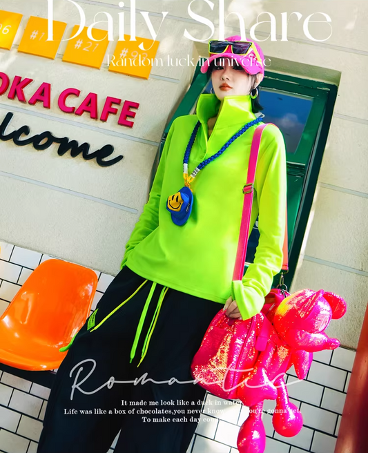 Neon Color PU Collar Fleece Polo Top　X3515