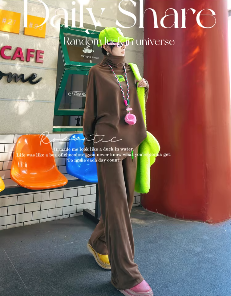 Color Batwing High-Neck Fleece Top　X3511