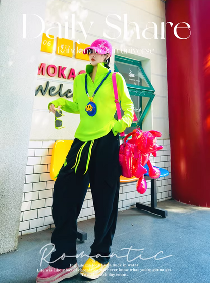 Neon Color PU Collar Fleece Polo Top X3515