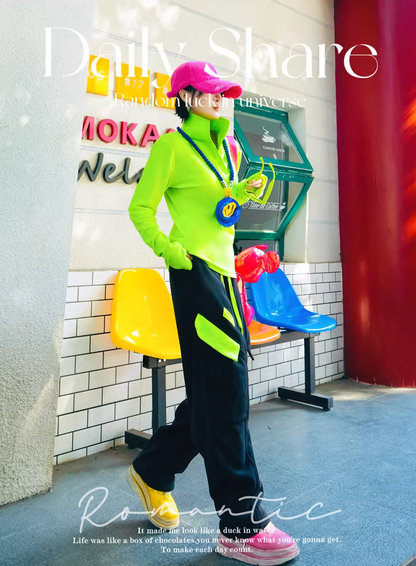 Neon Color PU Collar Fleece Polo Top X3515