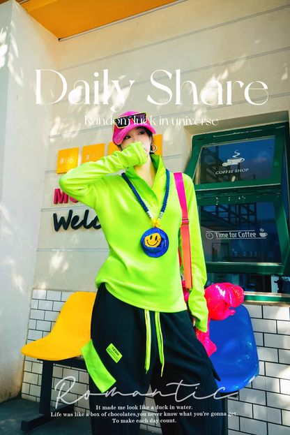 Neon Color PU Collar Fleece Polo Top X3515