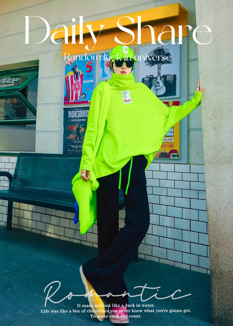 Color Batwing High-Neck Fleece Top　X3511