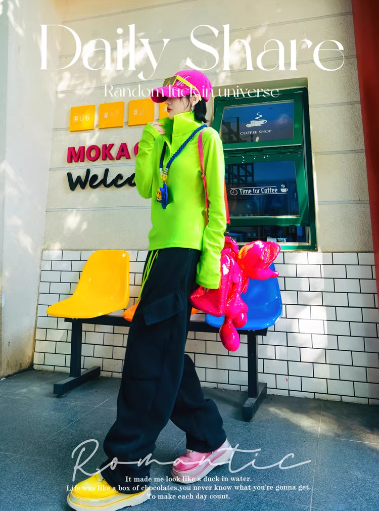 Neon Color PU Collar Fleece Polo Top X3515