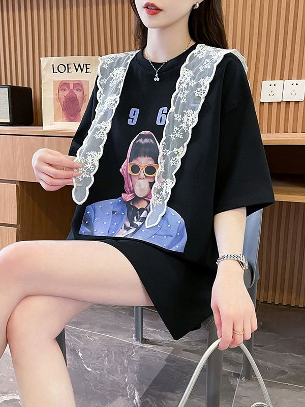 Lace Cape Cotton Tshirt 　X3242