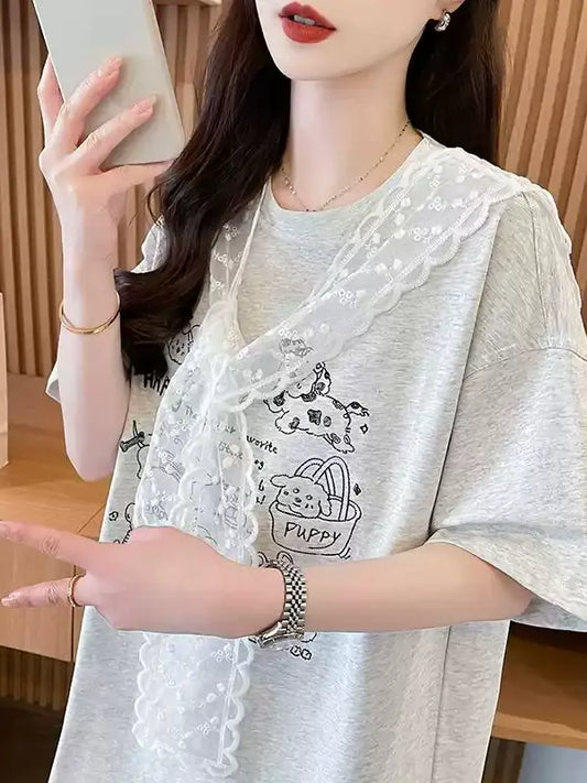Lace Scarf Cotton Tshirt　X3243