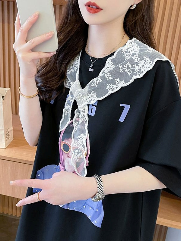 Lace Cape Cotton Tshirt 　X3242