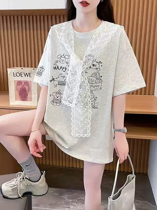 Lace Scarf Cotton Tshirt　X3243