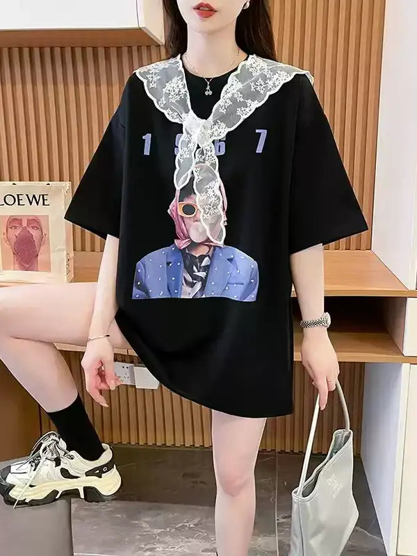 Lace Cape Cotton Tshirt 　X3242