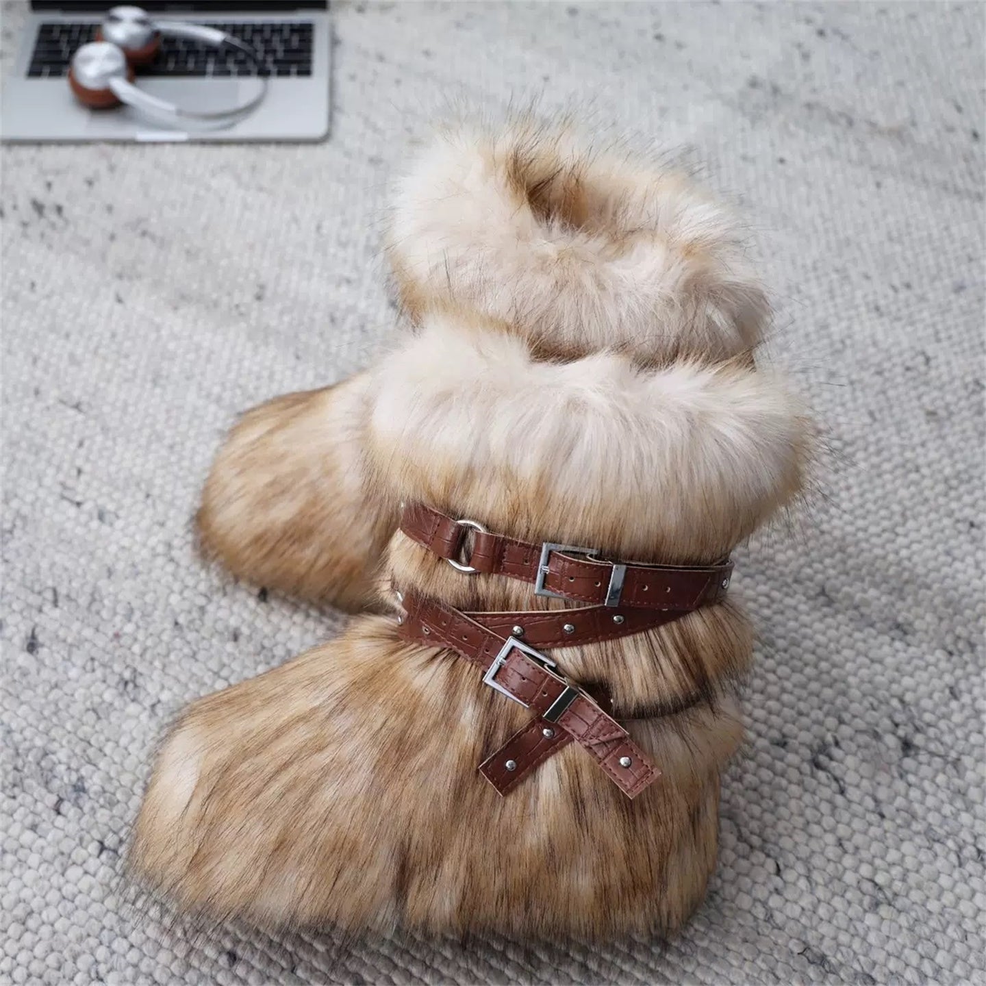 White Fleece Platform Short Snow Boots　X3425