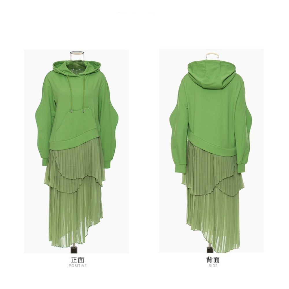 Fake two-piece pleated hoodie dress X2972