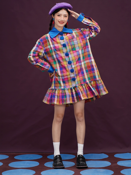 Covered Button Rainbow Plaid Vintage Short Dress X3393