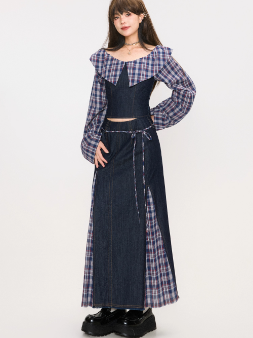 Denim Patchwork Off-Shoulder Top / Skirt　X3372