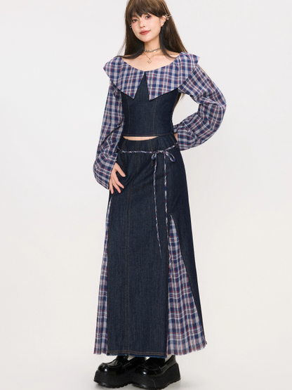 Denim Patchwork Off-Shoulder Top / Skirt　X3372