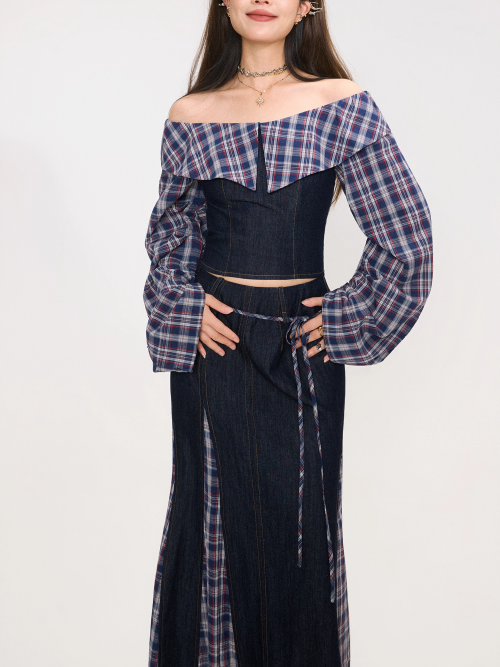 Denim Patchwork Off-Shoulder Top / Skirt　X3372