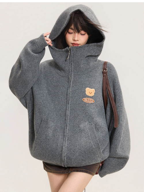 Heavyweight Grey Zip-Up Knit Hoodie Cardigan　X3368