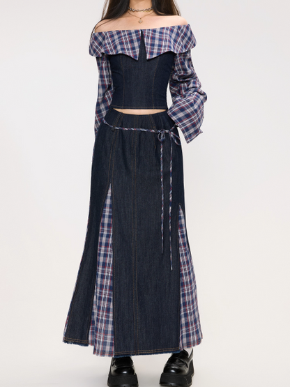 Denim Patchwork Off-Shoulder Top / Skirt　X3372