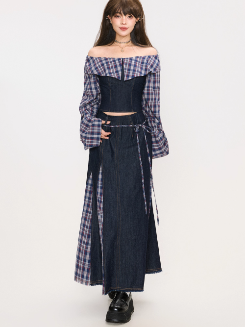 Denim Patchwork Off-Shoulder Top / Skirt　X3372