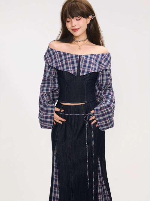 Denim Patchwork Off-Shoulder Top / Skirt　X3372