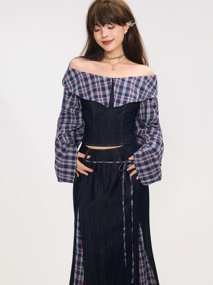 Denim Patchwork Off-Shoulder Top / Skirt　X3372
