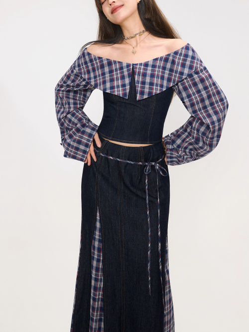 Denim Patchwork Off-Shoulder Top / Skirt　X3372