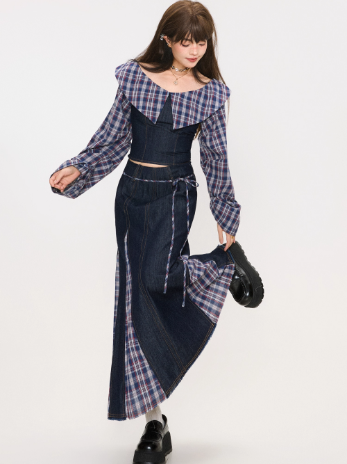 Denim Patchwork Off-Shoulder Top / Skirt　X3372