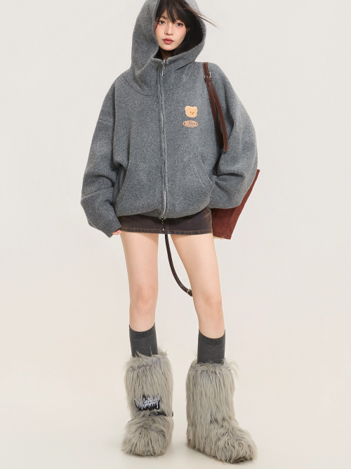 Heavyweight Grey Zip-Up Knit Hoodie Cardigan　X3368