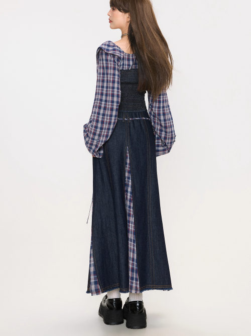 Denim Patchwork Off-Shoulder Top / Skirt　X3372
