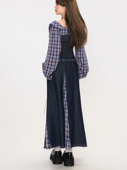 Denim Patchwork Off-Shoulder Top / Skirt　X3372
