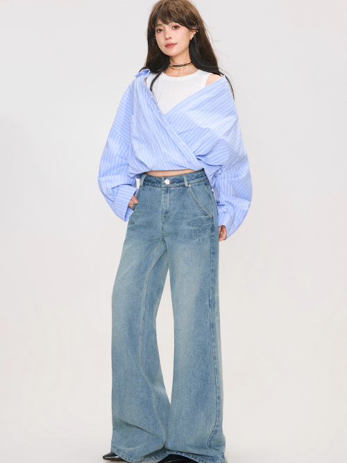 Korean Style Layered Stripe Long Sleeve Shirt　X3369