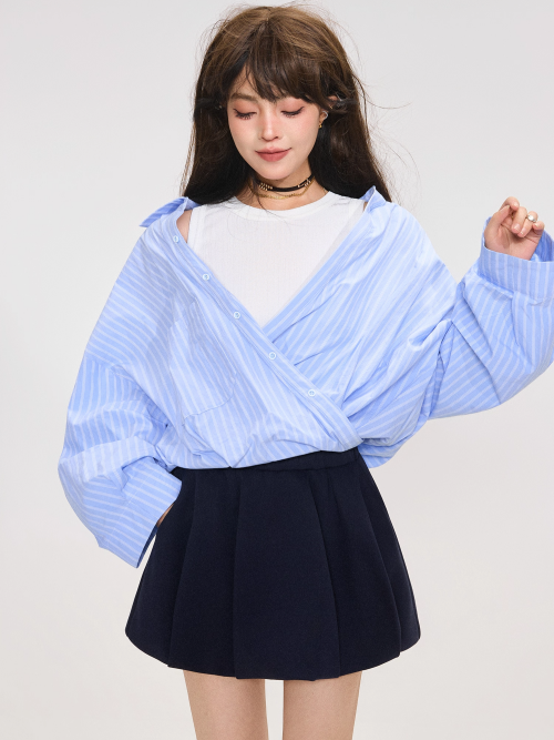 Korean Style Layered Stripe Long Sleeve Shirt　X3369