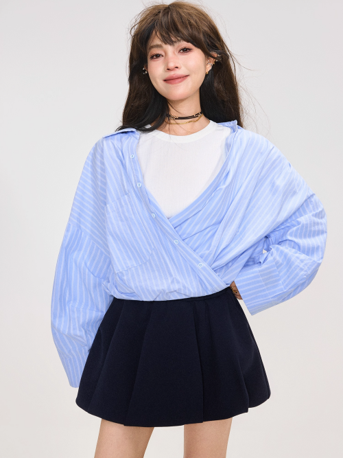 Korean Style Layered Stripe Long Sleeve Shirt　X3369