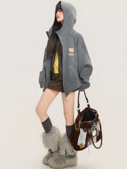 Heavyweight Grey Zip-Up Knit Hoodie Cardigan　X3368