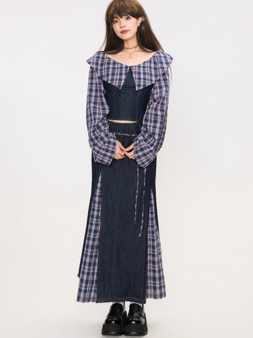 Denim Patchwork Off-Shoulder Top / Skirt　X3372