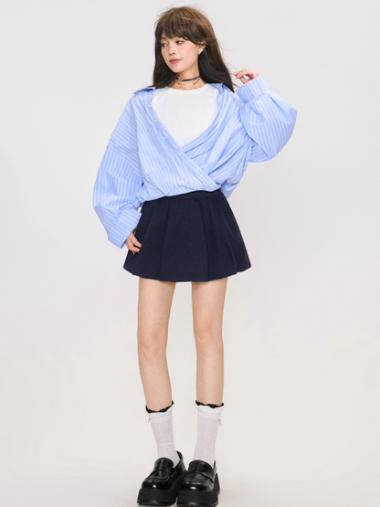 Korean Style Layered Stripe Long Sleeve Shirt　X3369