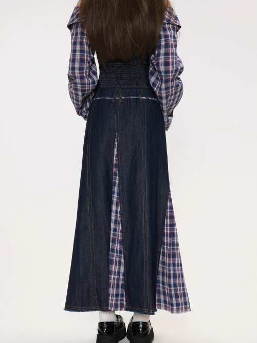 Denim Patchwork Off-Shoulder Top / Skirt　X3372