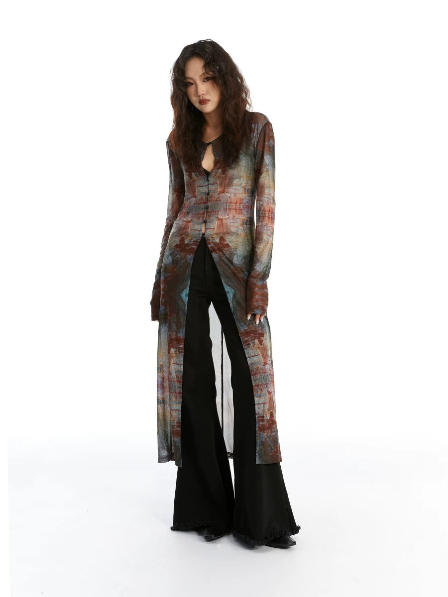 Vintage Oil Painting Print Mesh Long Cardigan X3613