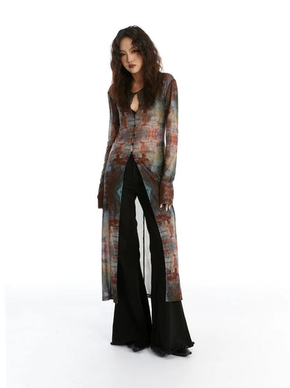Vintage Oil Painting Print Mesh Long Cardigan X3613