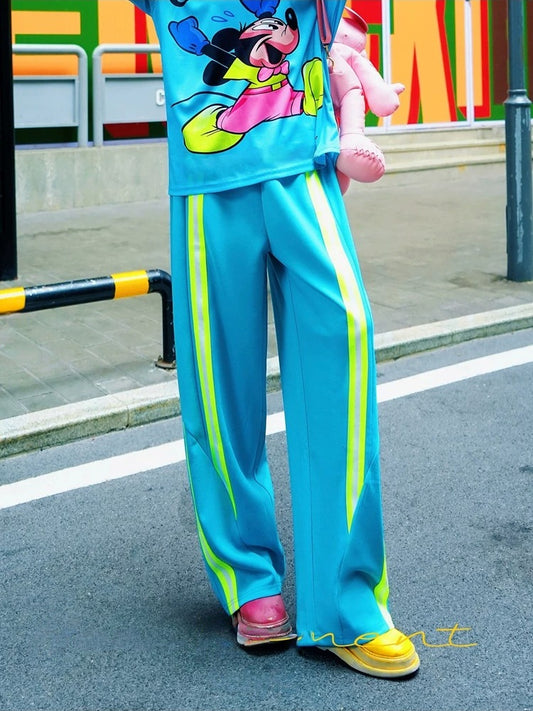 Lake Blue Side Stripe Color-Block Straight Pants X3602