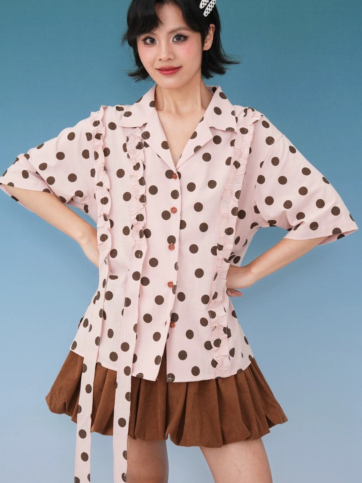 Pink & Brown Polka Dot Frill Ribbon Vintage Short Sleeve Shirt X3578