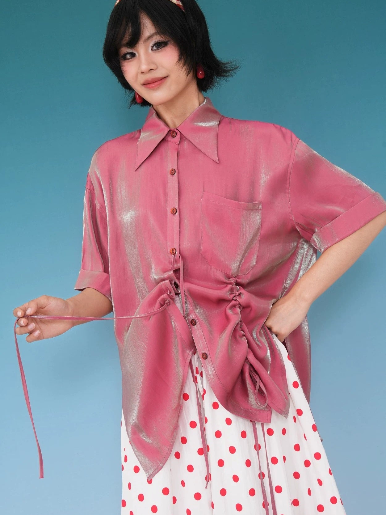 Polarized Shiny Drawstring Short Sleeve Shirt X3574