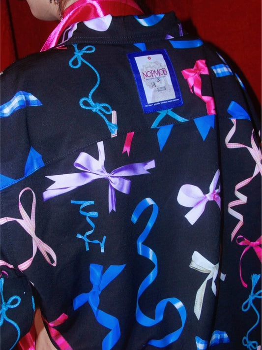 Colorful Ribbon Bow Print Oversized Short Sleeve Shirt X3576