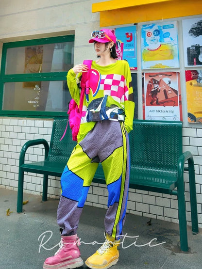 Color-blocking loose sports sweatpants X3556
