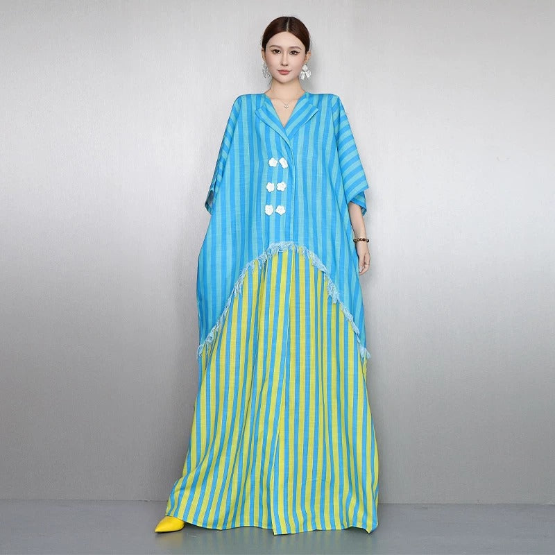 Resort Style V-Neck Striped Dress X3608