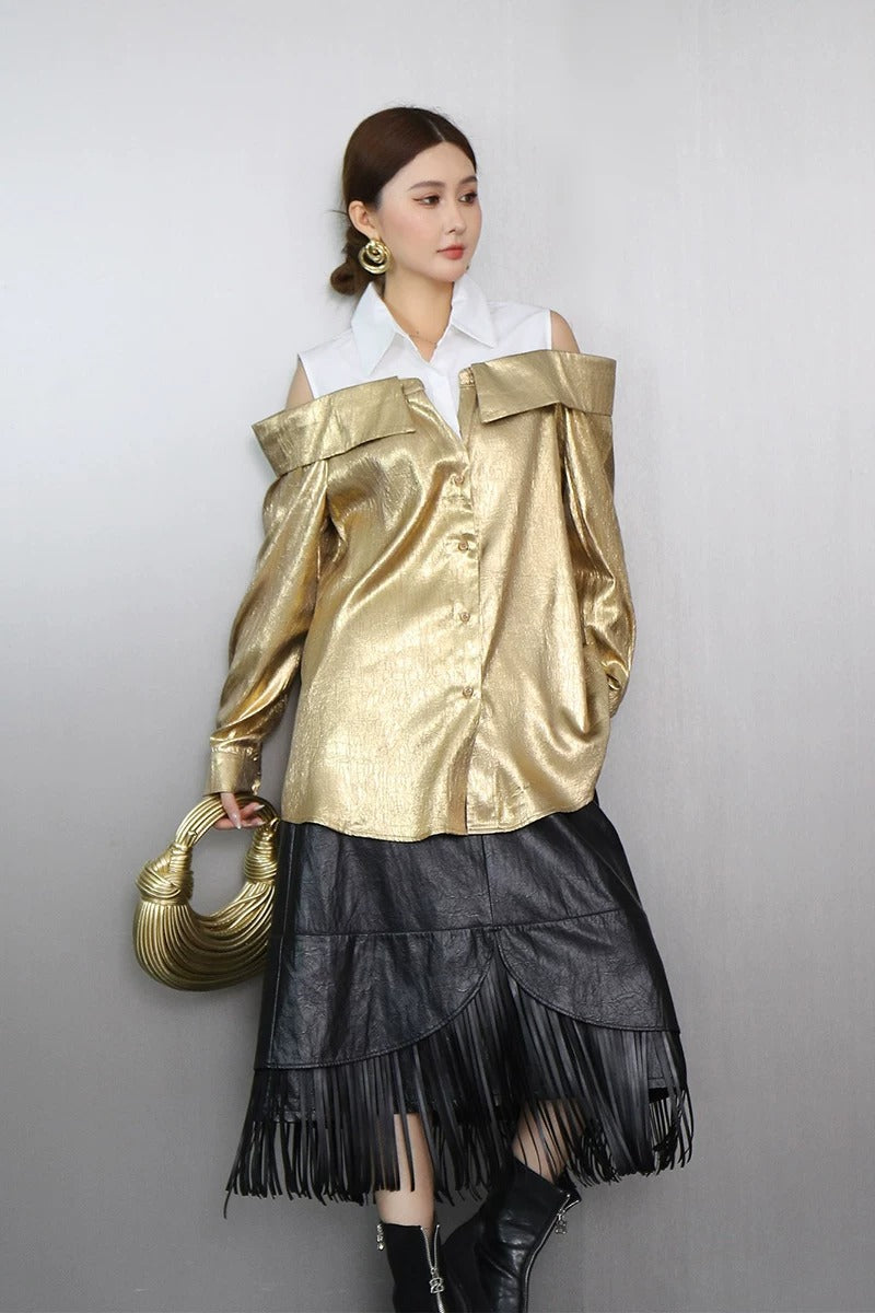 Design Off-Shoulder Metallic Shirt　X3630