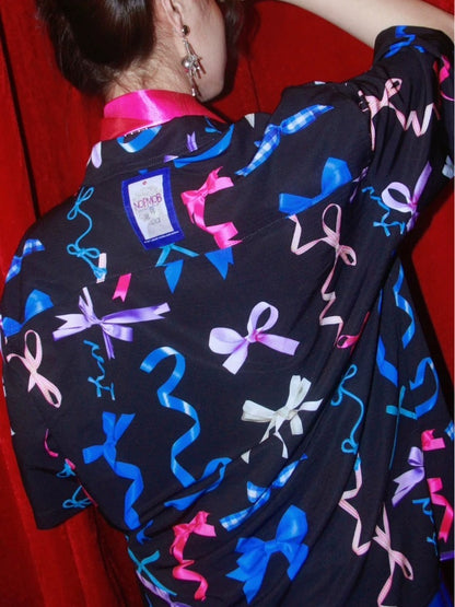 Colorful Ribbon Bow Print Oversized Short Sleeve Shirt X3576