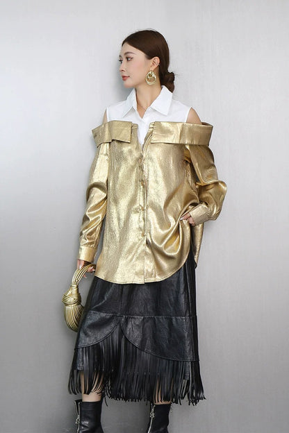 Design Off-Shoulder Metallic Shirt　X3630