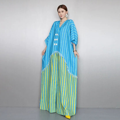 Resort Style V-Neck Striped Dress X3608