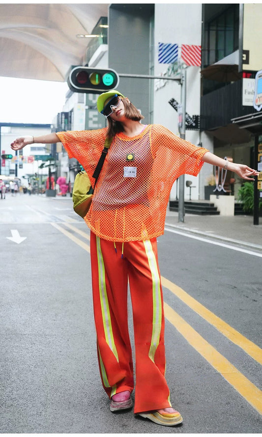 Neon Color Fishnet Mesh Patch Short Sleeve T-Shirt X3601