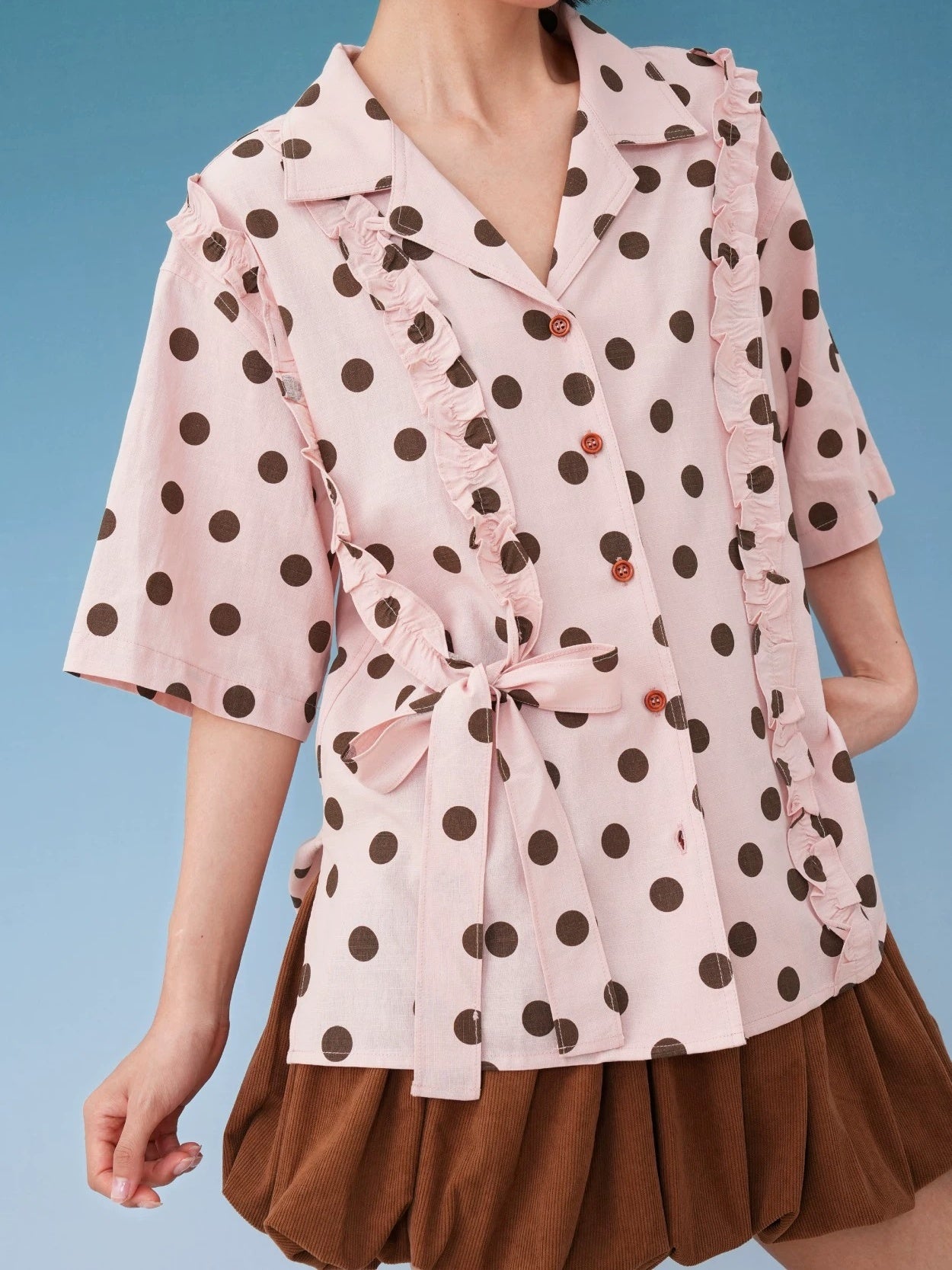 Pink & Brown Polka Dot Frill Ribbon Vintage Short Sleeve Shirt X3578